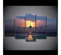 Stampe E Quadri su Tela 5 Pezzi Quadro Moderno, L'Aereo Decolla al Tramonto HD Decorazione Casa Soggiorno Astratto Tela Immagini - con Cornici,Pronto da Appendere