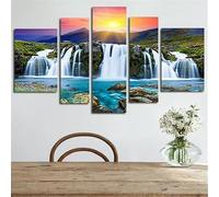 Stampe E Quadri su Tela 5 Pezzi Tela Wall Art Cascata di montagna al sole Quadri Moderni Stampa di Immagini,3d con cornice,5 Pezzo Stampe su Canvas Decorazioni per la casa 200x100cm