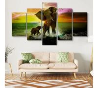 Stampe E Quadri su Tela 5 Pezzi Tela Wall Art Elefante che gioca tra le onde Quadri Moderni Stampa di Immagini,3d con cornice,5 Pezzo Stampe su Canvas Decorazioni per la casa 200x100cm