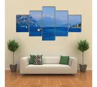 Stampe E Quadri su Tela Moderni Soggiorno 150x80cm quadro su tela Yacht Sul Lago Di Garda Di Montagna 5 Pezzi Stampa su Tela XXL Immagini Murale da Parete Poster HD Modulari Decorazioni per La Casa