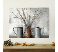 Stampe su tela con natura morta rustica, decorazioni murali con annaffiatoi e rami vintage, decorazioni per la cucina, sfondo strutturato, 70x100 cm, senza cornice