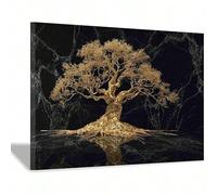 Stampe su tela con scultura dorata dell'albero della vita, per la decorazione di bagni, camere da letto e cucine (nero) (50x70 cm/cornice interna)