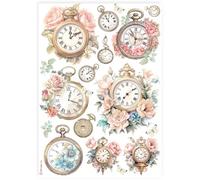 Stamperia Carta di riso formato A4, design vintage con orologi e rose