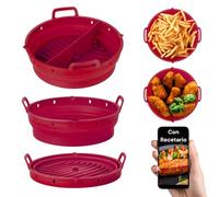 Stampo in silicone per friggitrice ad aria 22 cm + separatore alimentare + ricettario con QR - Vassoio rotondo per Airfryer senza olio - Compatibile con Cosori 5.5L - 6.4L e Cecotec 5.5L e altro