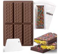 Stampo per barretta di cioccolato in silicone 6 cavità, Stampo in Silicone per Praline,stampo per cioccolato antiaderente,include 100 sacchetti, una spatola per Gelatina,Stampi per Caramelle per DIY