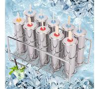 Stampo per ghiaccioli in acciaio inox, 10 pezzi, con testa rotonda, con base di supporto e 100 bastoncini, facile da estrarre e pulire, congelamento veloce, per succhi fai da te, gelato alla frutta