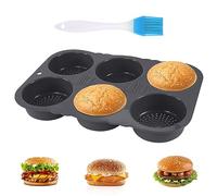 Stampo per Pane Hamburger in Silicone Rotondo, Diametro 10 cm, Teglia da Muffin con Rivestimento Antiaderente, Spazzola per Olio in Silicone, per Hamburger, Muffins, Cupcake, Nero (34.5 x 23.5 x 4cm)