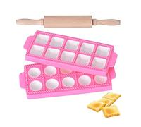 Stampo per raviolini rotondi,Stampo in plastica per ravioli, 2 stampi per ravioli (Tondi + Quadrati),con 1 Mattarello in Legno,per Cottura di Pizza, Argilla, Pasta, Biscotti, Gnocchi