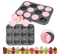 Stampo Vassoio Teglia 12 Muffin Cupcake Antiaderente Dolci + Pirottini Silicone