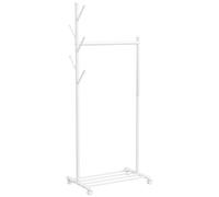 Stand Appendiabiti da Ingresso 68x43x171 cm Asta Ganci e Ripiano Inferiore con Ruote in Metallo Bianco
