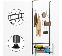 Stand Appendiabiti da Ingresso 9 Ganci con Scarpiera a 3 Ripiani in Metallo Nero