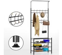 Stand Appendiabiti da Ingresso 9 Ganci con Scarpiera a 4 Ripiani in Metallo Nero