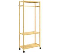 Stand Appendiabiti Da Terra Con Barra, Ripiani E 4 Ruote In Bambù, 70x35x175 Cm, Legno Naturale