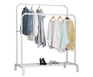 Stand Appendiabiti da Terra Doppio Binario 150 cm ×110 cm Stender Attaccapanni Portabiti per Camera Largo Salvaspazio con Ripiano di Appoggio