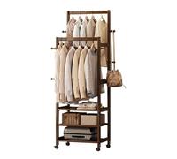 Stand Appendiabiti Doppio con Ruote, bambù Appendiabiti da Terra Multifunzionale Aperto con Scarpiera a 3 Strati e 8 Ganci, per Camere da Letto, Soggiorni