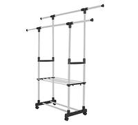 Stand Appendiabiti Doppio Regolabile, in acciaio inossidabile e PP, Aste Telescopiche, con 4 Ruote, Stender Esposizione Negozio, Altezza regolabile 80-155 cm, Larghezza 75-151 cm