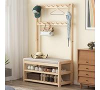 Stand Appendiabiti in bambù, Multifunzionale Appendiabiti con Gancio e Panca Porta Abiti per Ingresso con Scarpiera Appendino da Terra per Soggiorno Corridoio Spogliatoio Ufficio