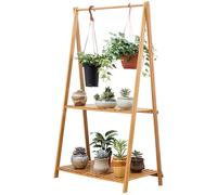 Stand di Piante, Supporto per piante sospeso in bambù a 2 livelli, mensole per vasi di fiori, scaffale pieghevole per esposizione, mensola per piante, supporto per interni, esterni, casa, patio, prato