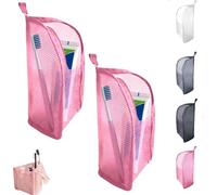 Standing Toiletry Bag for Travel, Clear Waterproof Woven EVA Mesh Cosmetic Makeup Organizer, Foldable Hanging Bathroom Storage for Toiletries & Toothbrush, Lightweight, 8.6x5.1x5.1" (Pink-2Pcs)