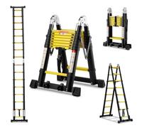 STANEW Scala telescopica in alluminio 3,8 m (1,9+1,9), scaletta multiuso antiscivolo con 2 ruote rimovibili e stabilizzatori triangolari e barra stabilizzatrice, certificata EN131, nero