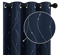 StangH Blackout Curtains Silver Wave Line and Dots Printed Thermal Insulated Window Drapes Grommet Light Blocking Drapery for Living Room Guest Room, Navy Blue, W52 x L72 inches, 2 Panels