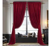 StangH Tende in velluto rosso con pompon - lussuose tende termiche isolate per la camera da letto, soggiorno, luce che bloccano la privacy, per teatro, W52 x L84, 2 pannelli e fermatenda