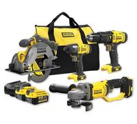 STANLEY FATMAX ,Kit batteria Stanley Fatmax V20 18 V - trapano a percussione, sega circolare a mano, smerigliatrice angolare, avvitatore a impulsi, caricabatterie e 2 batterie da 4,0 Ah. SFMCK469M2-QW