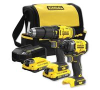 STANLEY FATMAX , Kit batteria Stanley Fatmax V20 18 V - trapano a percussione a batteria, avvitatore a percussione a batteria, 2 batterie al litio da 2,0 Ah, 1 caricatore, borsa. SFMCK465D2S-QW