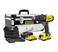 Stanley KIT: Trapano a percussione V20 Li-Ion 18V SFMCD711 + Set da 50 pezzi con 2 batterie Li-Ion 2Ah, caricatore 2A e cassetta degli attrezzi in metallo con cassetto, multicolore
