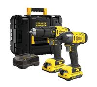 STANLEY FATMAX , Kit batteria Stanley Fatmax V20 18 V - trapano a percussione a batteria, avvitatore a percussione a batteria, 2 batterie al litio da 2,0 Ah, 1 caricatore, borsa. SFMCK465D2S-QW