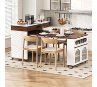 STAPERFO Isola cucina con ruote, tavolo da pranzo allungabile con ciabatta e vetro scanalato, credenza con cassetto, credenza per cucina e sala da pranzo, bianco/noce, 110,5 - 187,5 x 50,5 x 95,5 cm