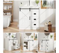 STAPERFO Mobile sottolavabo, 76 cm, sospeso, bianco con design a porta di fienile e lavabo in ceramica | Armadio da bagno con molto spazio di archiviazione, cassetti soft close, ideale per ospiti WC e