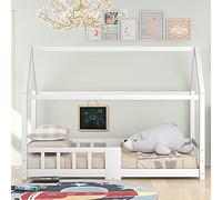 STAPERFO Montessori, lettino da 90 x 200 cm, letto a pavimento con protezione anti-caduta e lavagna, in legno di pino massiccio, colore bianco, con robusta rete a doghe senza materasso
