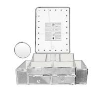 Star Vision Specchio da trucco illuminato 3 in 1 con grande organizer per trucchi e 2 cassetti per gioielli, dimmerabile, luce bianca fredda 6.000 K, superficie di lusso effetto diamante, include uno