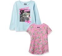 STAR WARS Big Mandalorian The Child 2-Piece Short Tee & Long Sleeve T-Shirt Bundle Set-Girls Sizes 4-16, White/Light Blue, 7-8