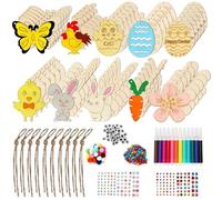 Staranry Set Creativo Pasqua Bambini - 60 Sagome in Legno da Dipingere, Uova di Pasqua da Decorare Coniglio Pulcino Farfalla, con Corda, 12 Colori Acquerello, Adesivi e Occhi Decorativi per Bambini