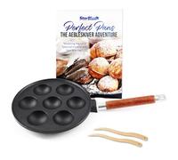StarBlue Padella Aebleskiver a 7 fori in ghisa, manico in legno staccabile, pre-stagionata, bastoncini Aebleskiver e ricettario inclusi