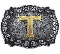 STARBRILLIANT Fibbie Per Cinture Western Da Uomo Con Lettere Iniziali Dalla A Alla Z Fibbie Per Cinture Da Cowboy Con Bordo Arrotolato, Nero Grigio (T)