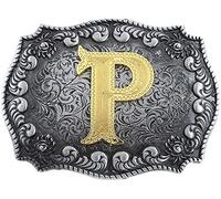 STARBRILLIANT Fibbie Per Cinture Western Da Uomo Con Lettere Iniziali Dalla A Alla Z Fibbie Per Cinture Da Cowboy Con Bordo Arrotolato, Nero Grigio (P)