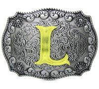 STARBRILLIANT Fibbie Per Cinture Western Da Uomo Con Lettere Iniziali Dalla A Alla Z Fibbie Per Cinture Da Cowboy Con Bordo Arrotolato, Nero Grigio (L)