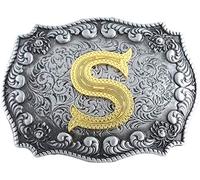 STARBRILLIANT Fibbie Per Cinture Western Da Uomo Con Lettere Iniziali Dalla A Alla Z Fibbie Per Cinture Da Cowboy Con Bordo Arrotolato, Nero Grigio (S)