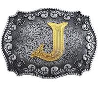 STARBRILLIANT Fibbie Per Cinture Western Da Uomo Con Lettere Iniziali Dalla A Alla Z Fibbie Per Cinture Da Cowboy Con Bordo Arrotolato, Nero Grigio (J)