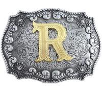 STARBRILLIANT Fibbie Per Cinture Western Da Uomo Con Lettere Iniziali Dalla A Alla Z Fibbie Per Cinture Da Cowboy Con Bordo Arrotolato, Nero Grigio (R)