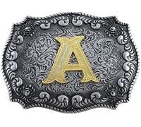 STARBRILLIANT Fibbie Per Cinture Western Da Uomo Con Lettere Iniziali Dalla A Alla Z Fibbie Per Cinture Da Cowboy Con Bordo Arrotolato, Nero Grigio (A)