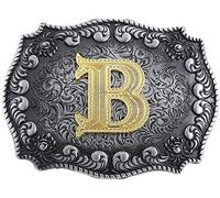 STARBRILLIANT Fibbie Per Cinture Western Da Uomo Con Lettere Iniziali Dalla A Alla Z Fibbie Per Cinture Da Cowboy Con Bordo Arrotolato, Nero Grigio (B)