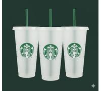 Starbucks - 3 bicchieri riutilizzabili in plastica dura Venti, 680 ml, con coperchio e cannuccia verde, con tappo