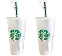 Starbucks Confezione da 2 tazze fredde riutilizzabili glassate da 680 ml, con coperchio e cannuccia verde con tappo