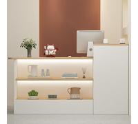 STARHMLUX Small Reception Desk with Counter, Modern Reception Table with Drawer, Wooden Front Desks with Open Shelves, for Checkout, Lobby, Beauty Salon, Home Office Wood Grain + White 120cm