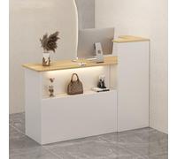 STARHMLUX Small Reception Desk with Counter, Modern Reception Table with Lockable Drawers, Wooden Front Desks with Open Shelves, for Checkout, Lobby, Beauty Salon Original Wood Color 120cm