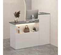 STARHMLUX Small Reception Desk with Counter, Modern Reception Table with Lockable Drawers, Wooden Front Desks with Open Shelves, for Checkout, Lobby, Beauty Salon Gray 140cm